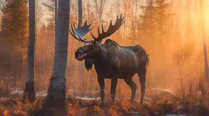 Moose in a Golden Forest Sunrise