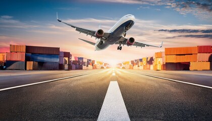 Commercial aircraft descending near a runway filled with cargo containers