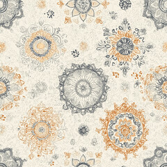 A Toile de Jouy seamless pattern with intricate mandalas and floral details in pastel tones