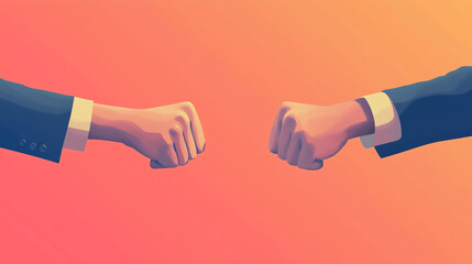 Two hands performing a fist bump a vector illustration with a flat design set against an orange and pink gradient background