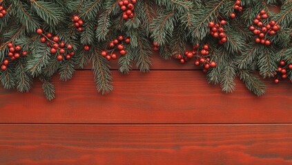 Wall Mural - Festive pine and berry arrangement on rustic red wooden background for holiday decor