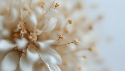 Wall Mural - Abstract minimalist macro photography of dried flowers against a white background, featuring shallow depth of field and artistic blur for a unique visual experience.