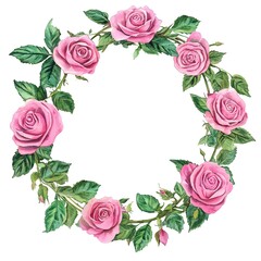 Canvas Print - A watercolor wreath of pink roses and green leaves, vector illustration on a white background, Generative AI 