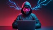 © Deedyy - 3D Render of Stylized Figure in Dark Hoodie Glowing Red Face and Pink Glasses Sitting Before a Laptop Against a Dark Red to Black Gradient Background with Emanating Blue Electric Lines
