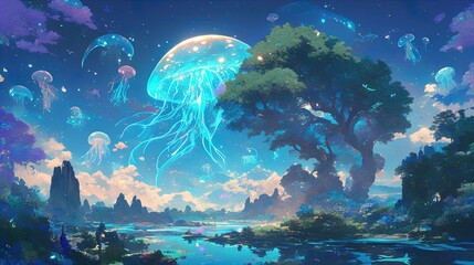 Wall Mural - A mesmerizing fantasy landscape with luminous jellyfish floating in the sky. The scenery includes a large tree on the right, lush foliage, and a reflective water body stretching across the scene. The 
