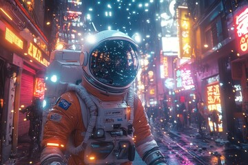 a futuristic cyberpunk astronaut navigating a neondrenched alley surrounded by glowing advertisements and graffiti embodying adventure and exploration in a colorful hightech setting