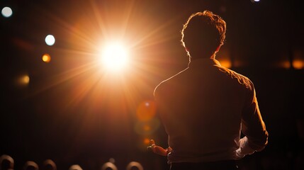 A man stands on a stage illuminated by bright spotlights.