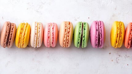 A delightful arrangement of colorful macarons displayed on a clean white surface, showcasing their variety and delicate features