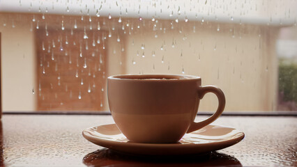 Serene Morning Reflections: A Cozy Close-Up of a Ceramic Cup with Saucer on a Wooden Surface, Steaming with Coffee or Tea Against a Rain-Kissed Window, Raindrops Glistening on the Glass