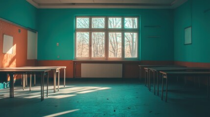 Wall Mural - The classroom bathed in sunlight reveals empty desks and bright walls, offering a peaceful and serene learning environment