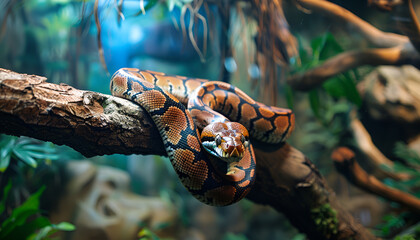 Brown boa constrictor on tree branch outdoors