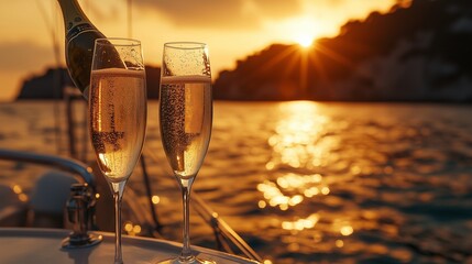 The sun sets over the water, casting warm hues on an elegant sailboat with champagne being poured into two glasses of sparkling wine