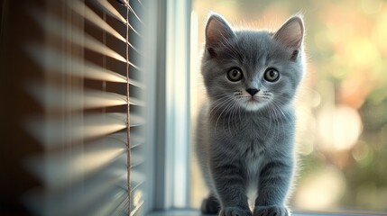 Adorable gray kitten sitting by window, sunlight, blinds, cute pet, indoor cat, looking alert, cozy home, bright light, curious expression, cat photography concept