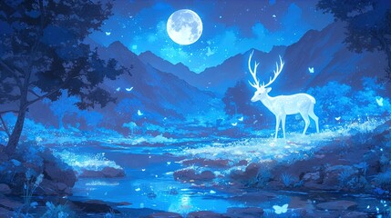 Wall Mural - An enchanting scene features a luminous white deer standing beside a serene river under a full moon. The night sky is deep blue, peppered with tiny glowing stars, and large mountains rise in the backg