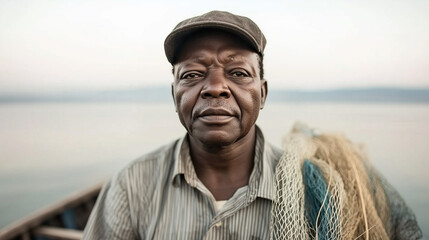 Wall Mural - A man with a hat and a fishing net is sitting in a boat