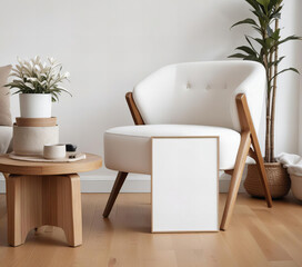 Minimalist Living Room with Wooden Side Table and White Armchair