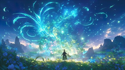 Wall Mural - A silhouette of an individual stands in a vivid, fantastical meadow filled with luminous, bioluminescent flowers under a twilight sky. The individual gazes up at a mesmerizing, ethereal light formatio