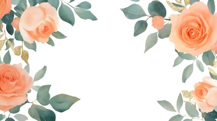 Sticker - Create a wedding card frame made of orange roses and leaves, luxurious design with gold details, Generative AI 