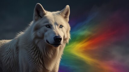 Poster - Majestic White Wolf with a Rainbow