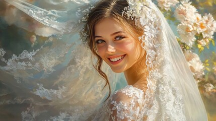 Happy bride in white dress and veil with flowers