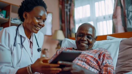 A woman doctor is helping an elderly man with a tablet