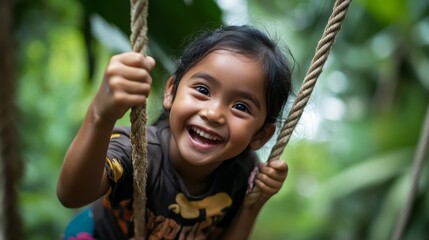 Joyful Bruneian girl with friend enjoying outdoor adventure on climbing ropes