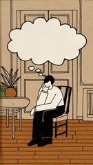 Canvas Print - Illustration of Pensive Man in Minimalist Room with Thought Bubble