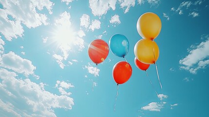 Colorful balloons float in a bright blue sky with fluffy white clouds and a sun shining above.