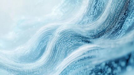 Swirling trails of binary code and data streams create a stunning abstract pattern on a light-blue background, symbolizing the flow of information