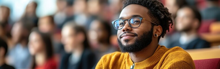a joyful black university student engaged in a college lecture in an auditorium