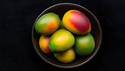 mango in a bowl on a black background, top view, copy space