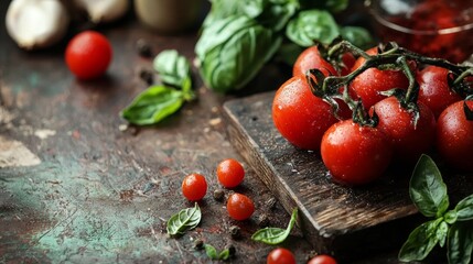 Wall Mural - Fresh red tomatoes on vine with basil leaves on rustic table