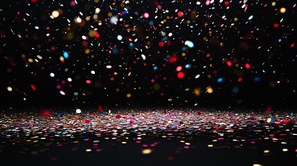 Wall Mural - Multicolored confetti falling and laying on a dark background.