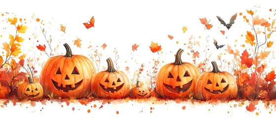 a cheerful watercolor pumpkin patch with smiling jackolanterns of various sizes, surrounded by color
