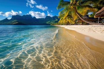 A mesmerizing tropical beach scene showcasing golden sand, crystal-clear blue water, lush green palm trees, and distant mountains under a blue sky with white clouds.