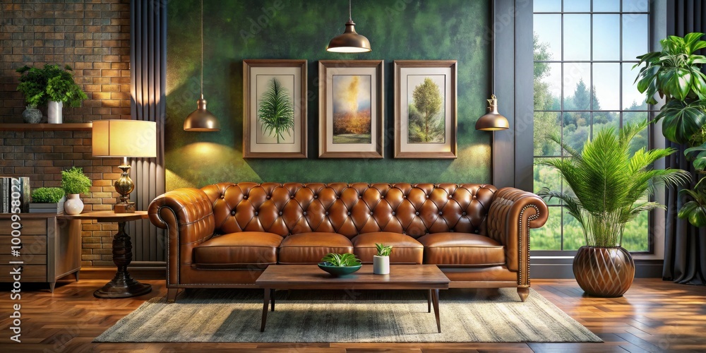Stylish brown leather couch enhances a cozy living space, showcasing ...