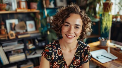 Wall Mural - A woman with curly hair is sitting at a desk with a book and a computer