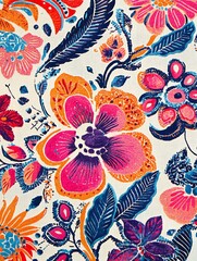 Sticker - Vibrant Floral Pattern with Pink, Orange and Blue Hues.