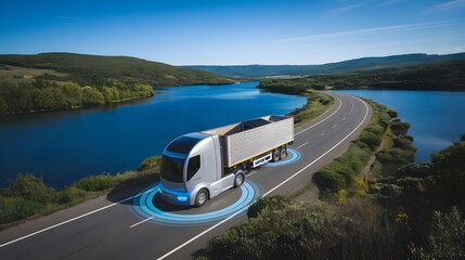 A futuristic truck on the road, an autonomous truck with artificial intelligence. Cargo delivery, transportation of the future. Artificial intelligence. Self-driving.