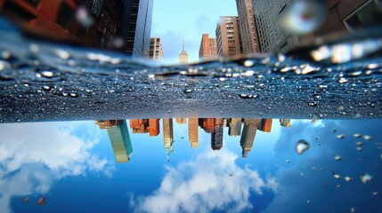 a cityscape reflected in a puddle of water, the buildings morphing into abstract shapes, symbolizing