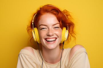 young pretty redhead girl over colorful background listening music with headphones