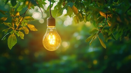 Light bulb nestled in green leaves, illustrating the concept of renewable energy and ecological balance