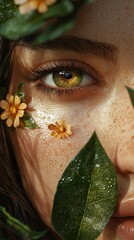 Sticker - Close Up Portrait of a Woman with Green Eyes and Flowers