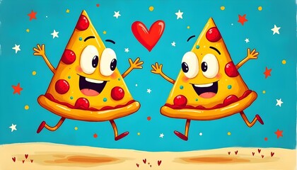 Two animated pizza slices joyfully celebrate friendship with a heart above them