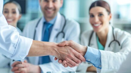 Wall Mural - A group of doctors shake hands in a meeting