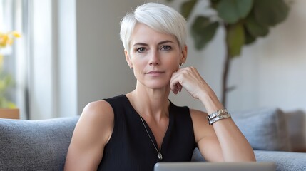 Confident woman in black sleeveless top using a laptop