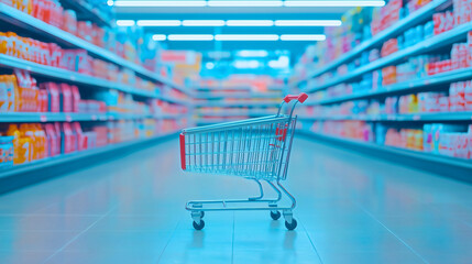 Metal shopping carts in a supermarket that are empty, a scene of consumer society with empty carts in the supermarket waiting to be filled.