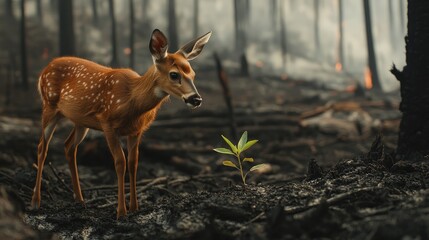 A curious deer stares at a small green plant growing in a charred forest, highlighting the contrast between destruction and life in the aftermath of a forest fire.