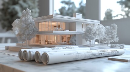 Multiple rolled-up blueprints arranged neatly on a marble desk, with a 3D model of a house in the background. 