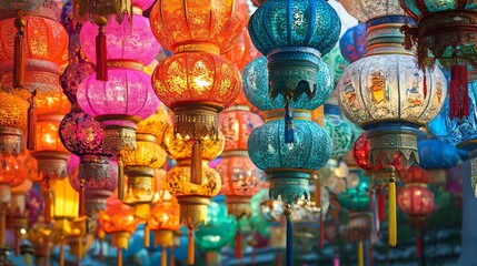 A close-up of colorful Chinese lanterns.